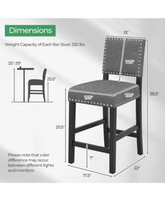 Set of 2 Bar Height Chairs with Solid Rubber Wood Frame & Adjustable Foot Pads