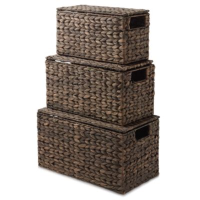 Set of 3 Water Hyacinth Storage Baskets with Lids, Natural - Small, Medium, Large - Decorative Bins for Bathroom, Closets, Laundry, Shelves
