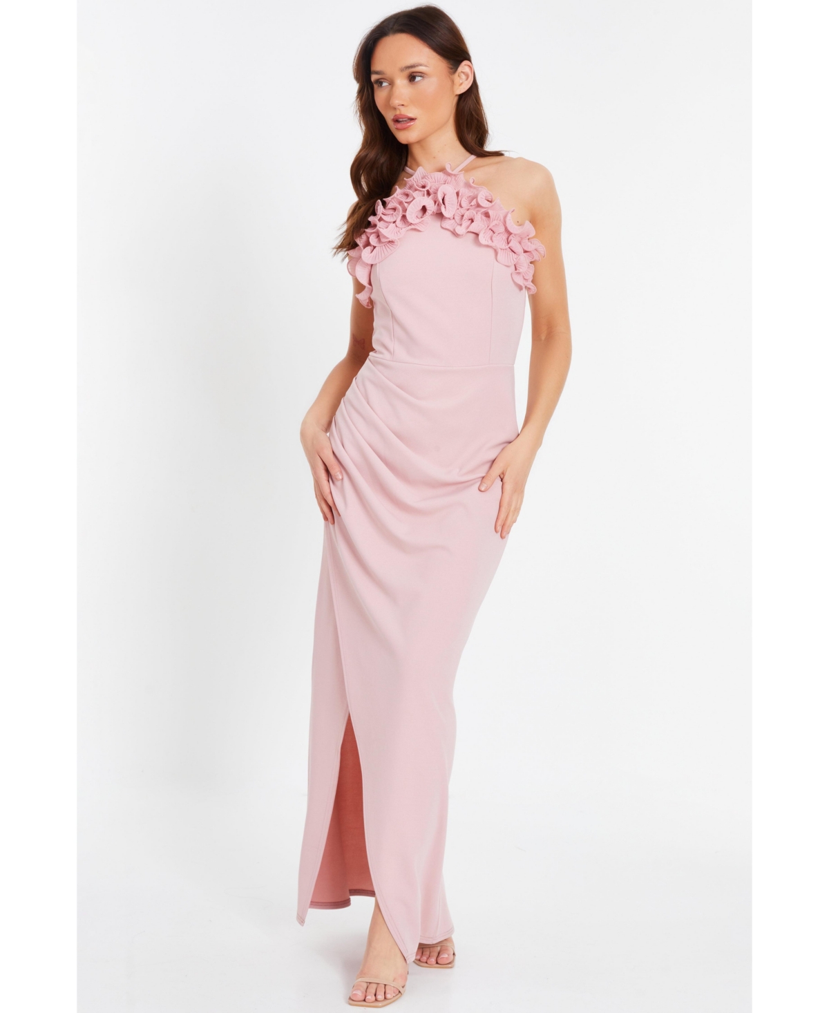 Women's Ruffle Halter Neck Ruched Maxi Dress - Pink