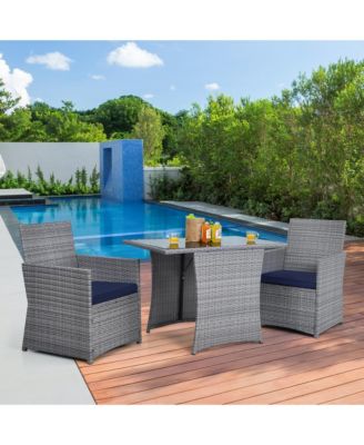 3PCS Outdoor Rattan Conversation Set Patio Dining Table Set w/ Navy Cushions