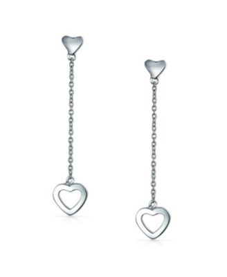 Simple Chain Long Linear Open Hearts Dangle Earrings Lightweight Sterling Silver