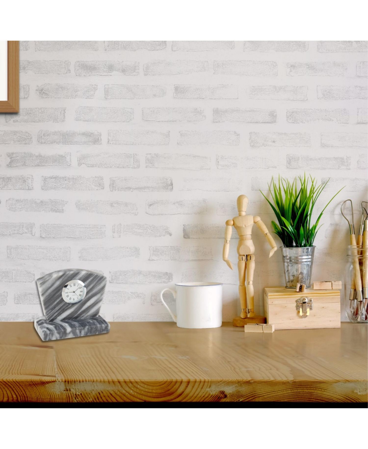 Bey-berk Genuine Marble Desk Clock With Chrome Accents In Grey
