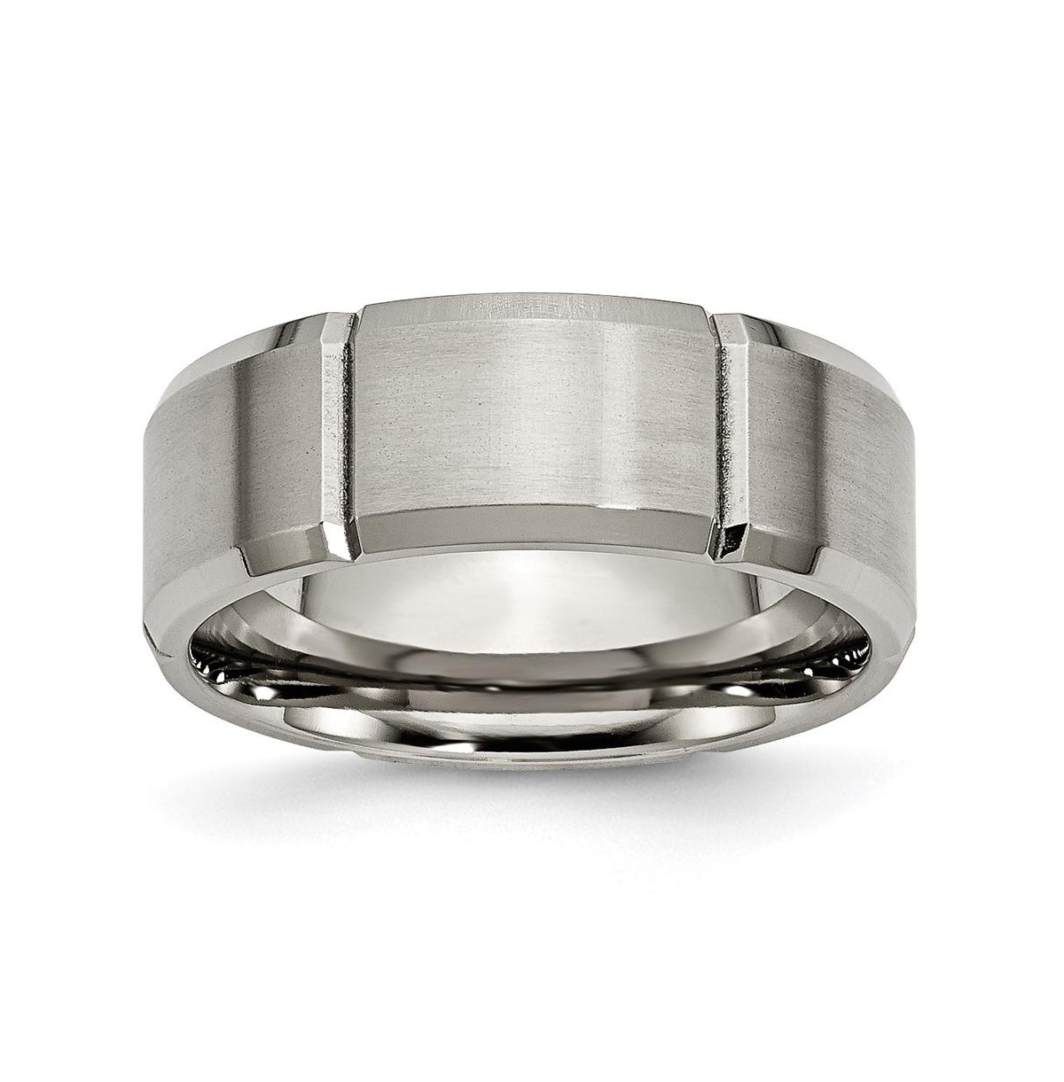 Titanium Brushed Grooved Beveled Edge Wedding Band Ring - Grey