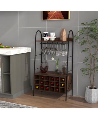 Industrial Rack Freestanding Bottle Holder with Stemware Holder & Open Shelves