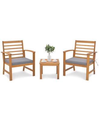 3 PCS Outdoor Furniture Set Acacia Wood Conversation Set with Soft Seat Cushions