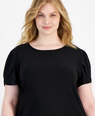 Plus Size Solid Tulip-Sleeve Crewneck Top