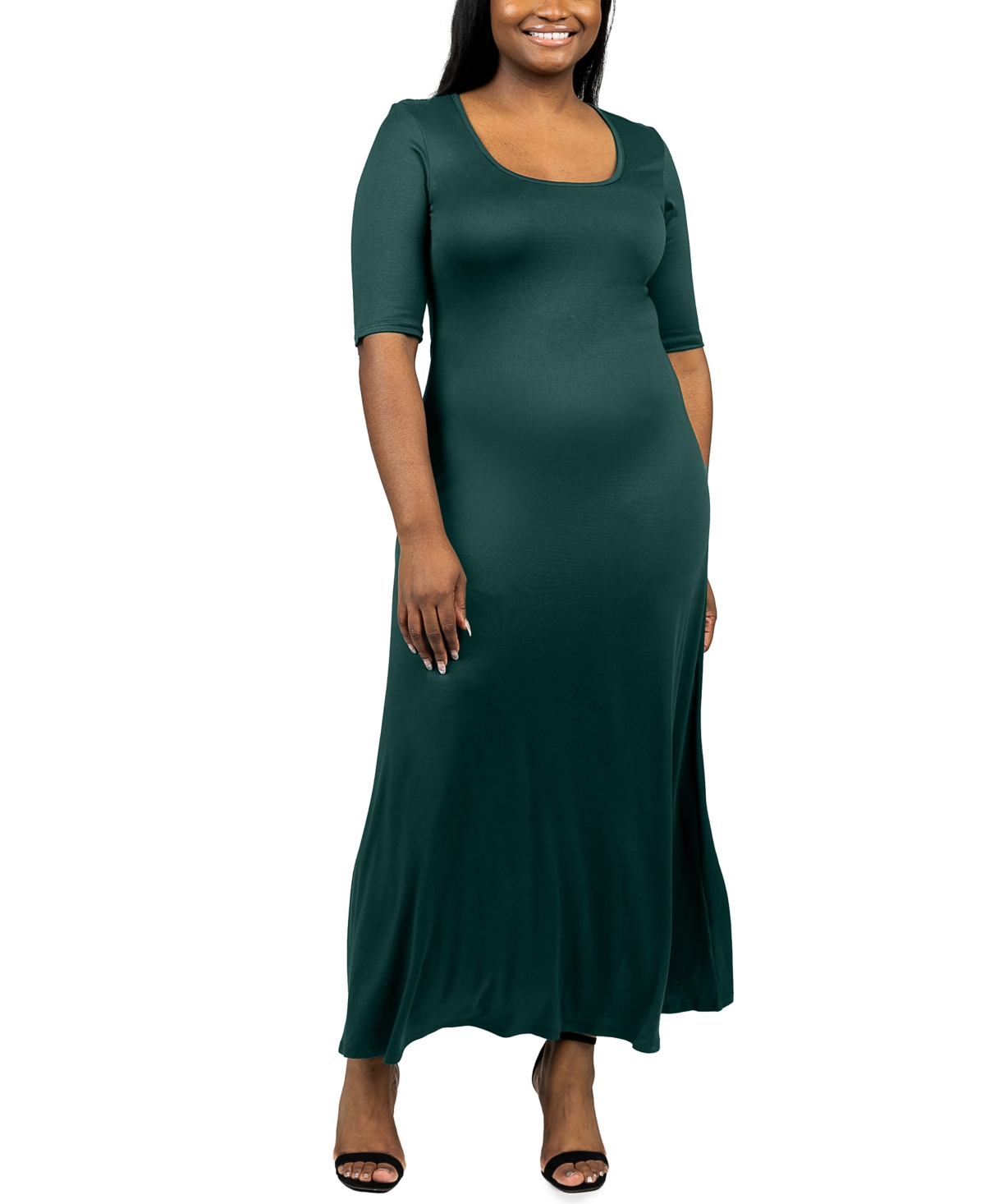 24seven Comfort Apparel Plus Size Elbow Length Sleeve Maxi Dress In Green