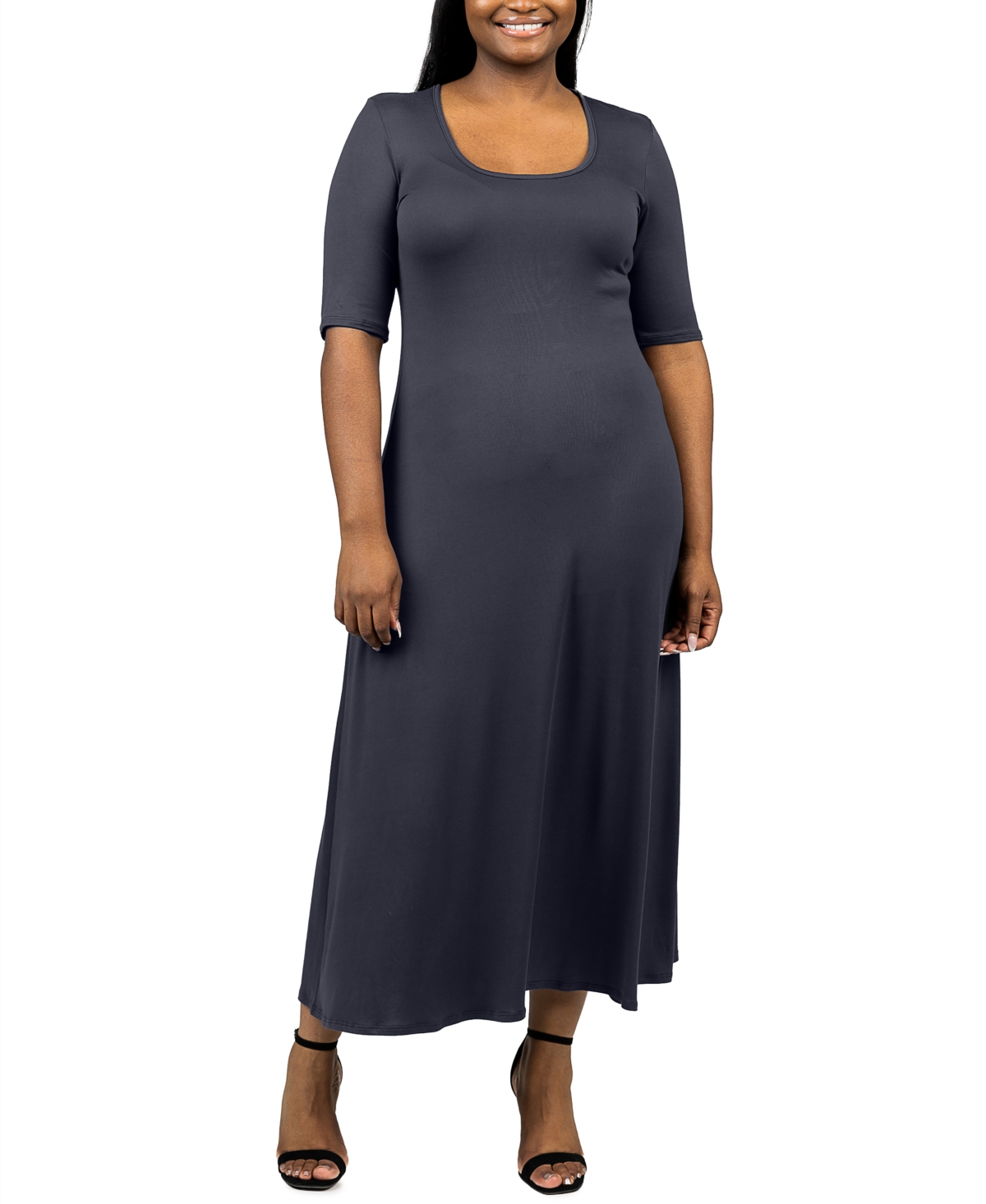 24seven Comfort Apparel Plus Size Elbow Length Sleeve Maxi Dress In Charcoal
