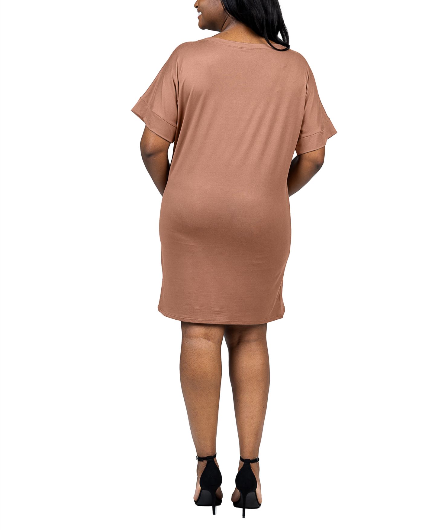 Женское платье 24seven Comfort Apparel Plus Size Loose Fit V-Neck T Shirt Dress, цвет: Мокко — фото 3
