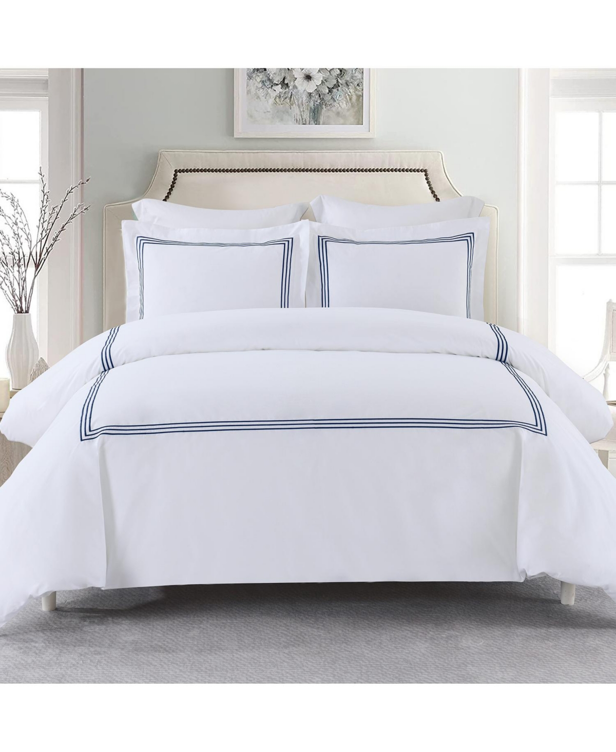 Egyptian Linens Adeline 100% Cotton Percale Embroidered Duvet Cover Set, Full/Queen