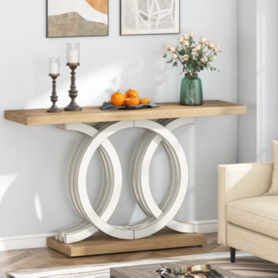 55 inches Console Table with Geometric Base, Farmhouse Hallway Table, Wooden Entryway Table, Vintage Sofa Table, Unique Long Accent Table