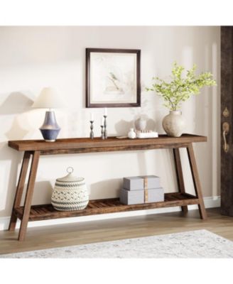 Tribsigns 63" Console Table with 2 Drawers, Farmhouse Wood Entryway Table with H-Shaped Sturdy Legs for Hallway, Living Room, Bedroom, Rustic Brown