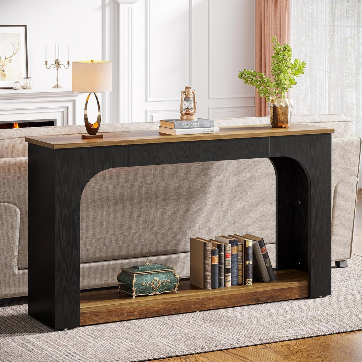 Tribesigns 55-Inch Console Table with Led Lights, Farmhouse 2-Tier Narrow Sofa Table with Storage