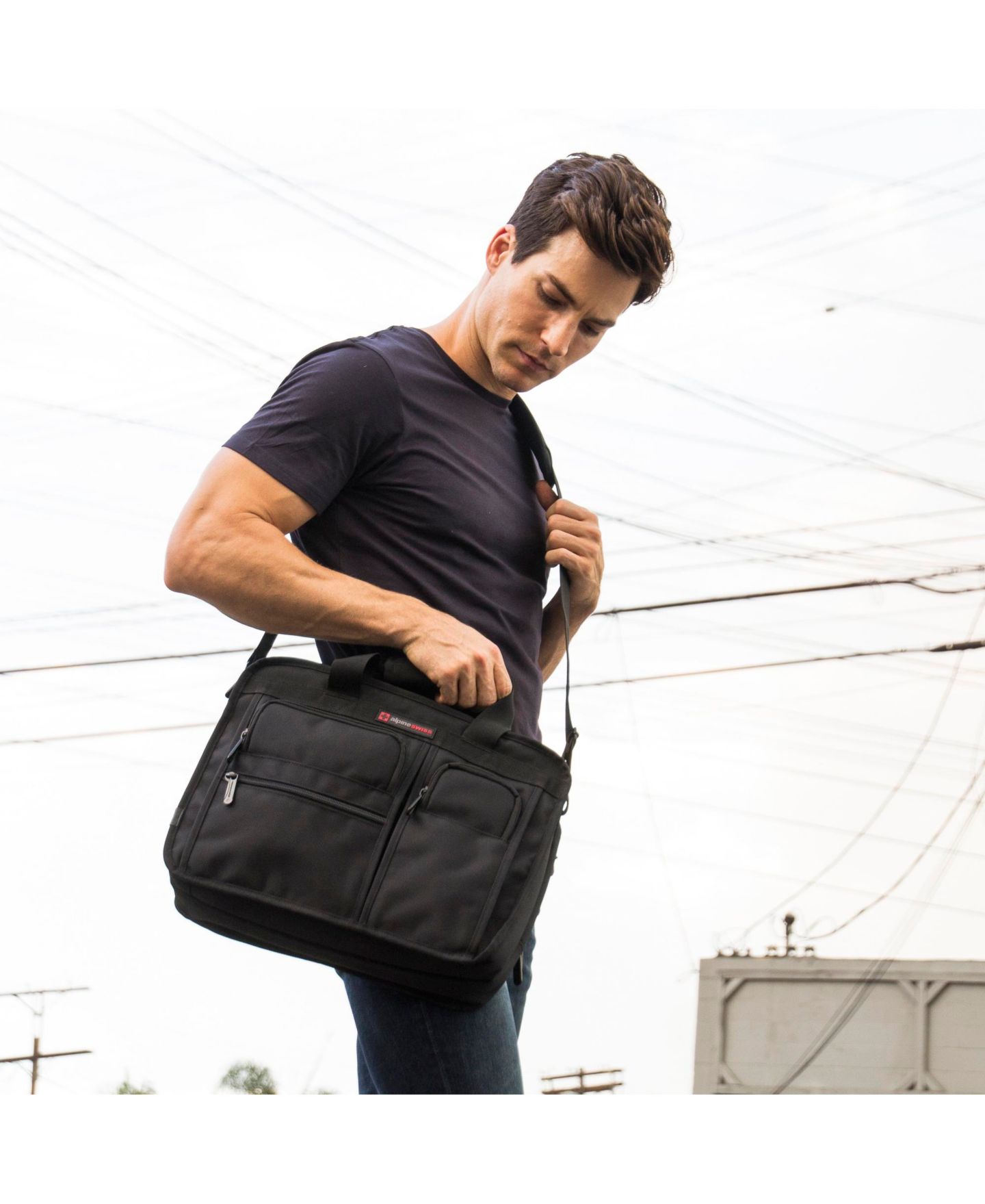 Мужская сумка Alpine Swiss Conrad Messenger 15.6 Inch Laptop Briefcase with Tablet Sleeve, цвет: Чёрный — фото 6