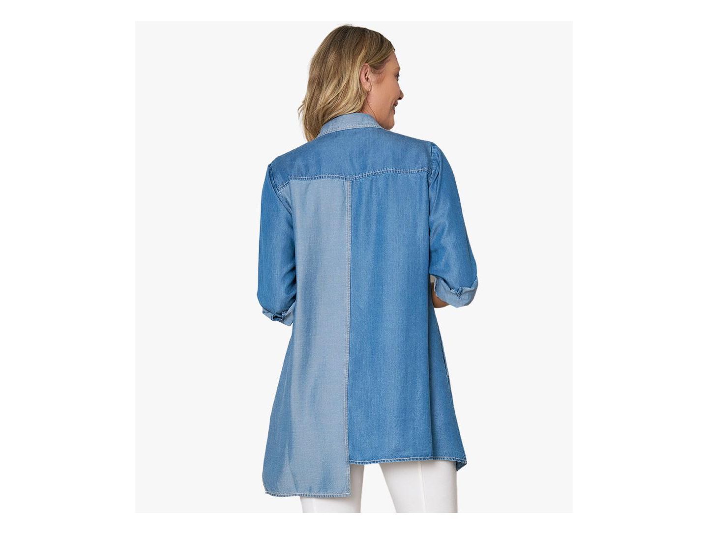 Женская рубашка Stella Carakasi Asymmetrical Denim Button-Front Shirt Top Crossroads Tunic, цвет: Средняя варка — фото 2