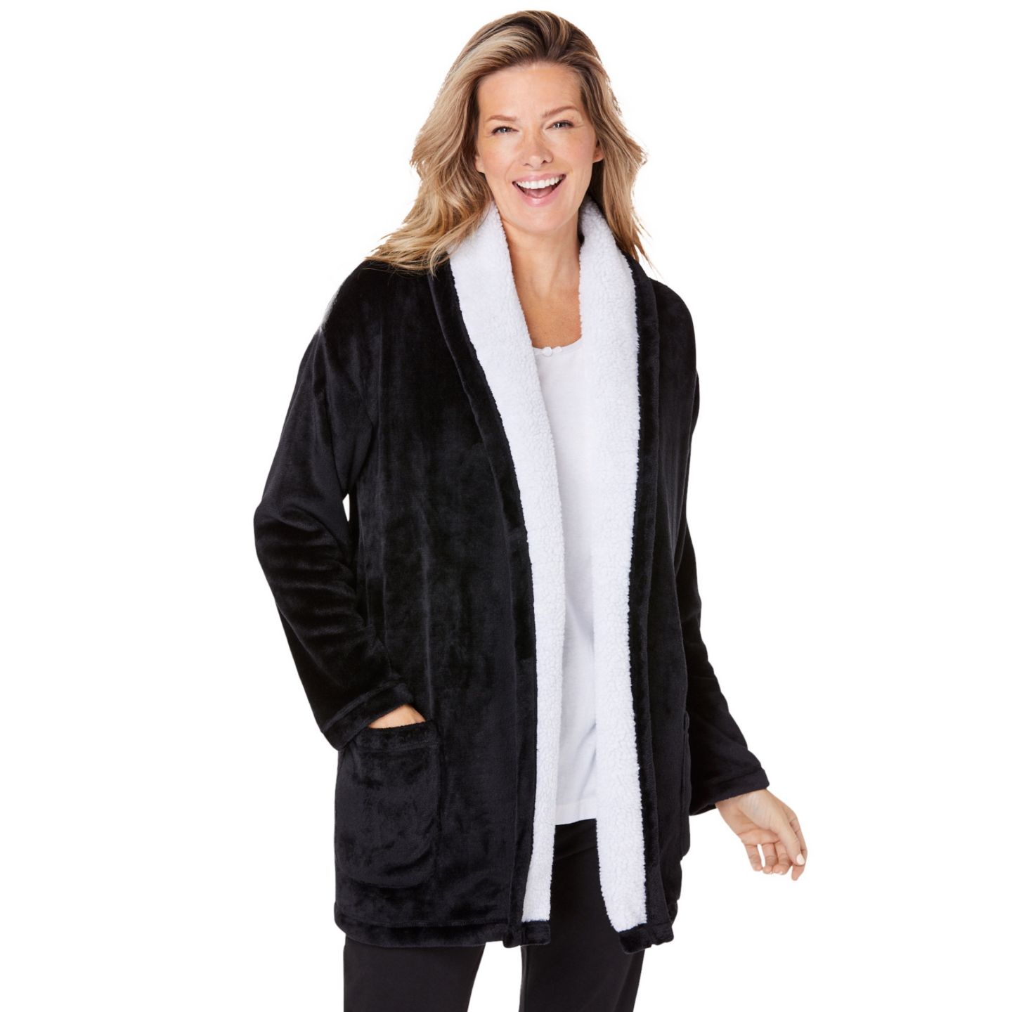 Женская куртка Dreams & Co. Plus Size Dreams and Co. Sherpa-Lined Microfleece Bed, цвет: Чёрный — фото 1
