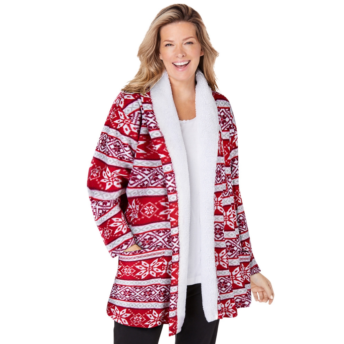 Plus Size Sherpa Lined Collar Microfleece Bed Jacket - Classic red fair isle