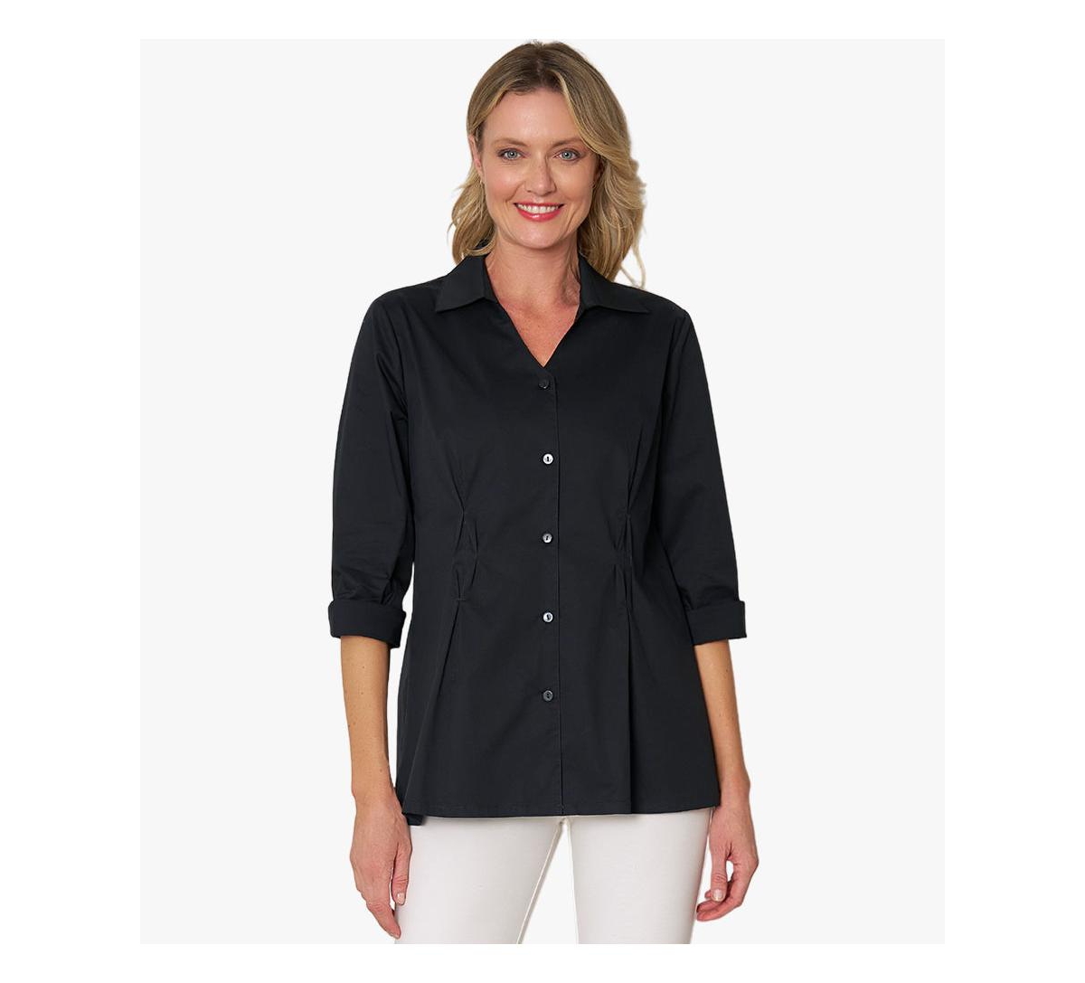 Women's V-Neck Cotton Poplin Diamond Tuck Shirt - Black