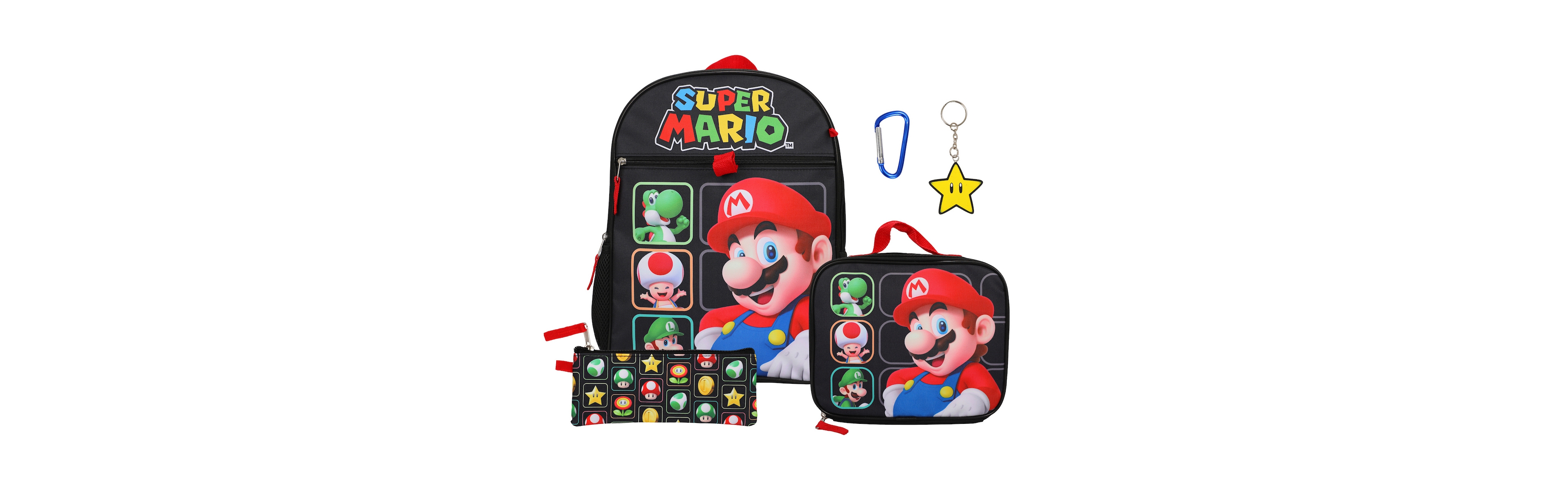 Super Mario Bros Character Grid 16" Youth 5-Piece Backpack Set