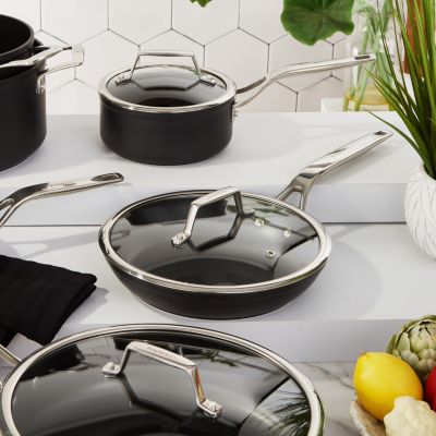 Essentials Non-stick Hard Anodized 6.25" Saucepan 1.3qt. With Glass Lid, Black