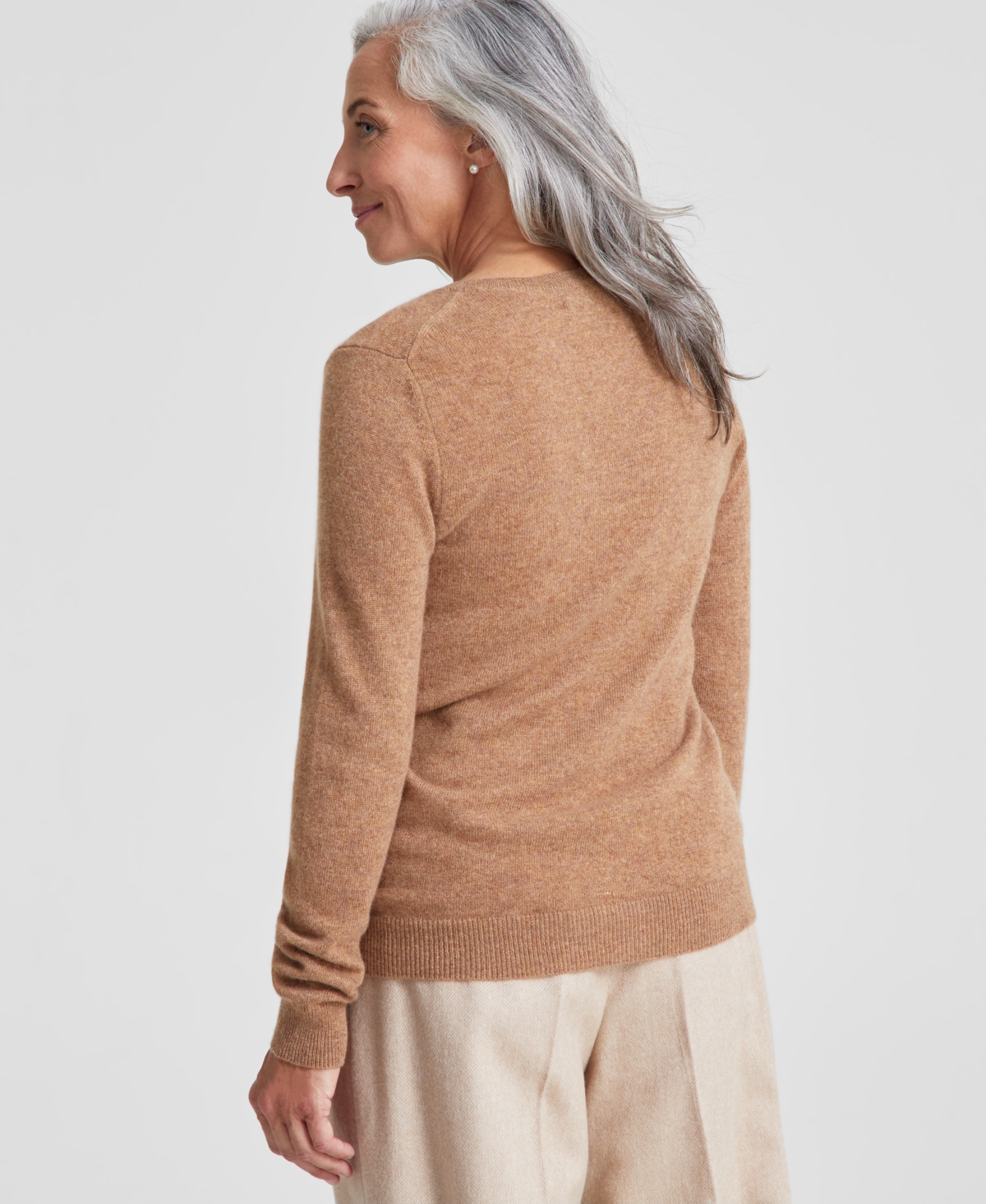 Charter Club 100% Cashmere Women's Petite Long-sleeve Crewneck Sweater, Created For Macy's In Warm Praline Heather