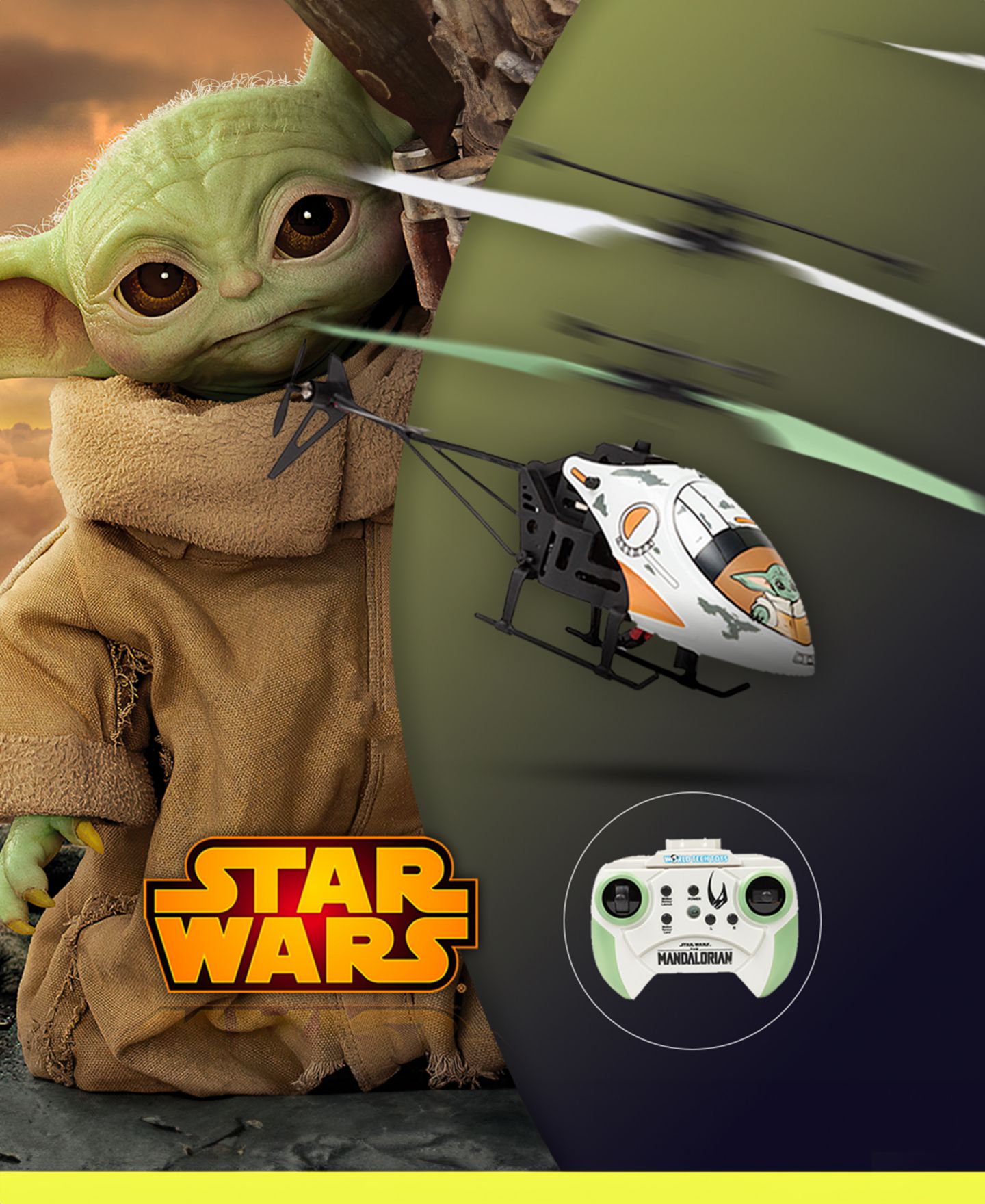 Детская игрушка World Tech Toys Star Wars The Mandalorian Baby Yoda Motion Sensor LED Light RC Helicopter — фото 8