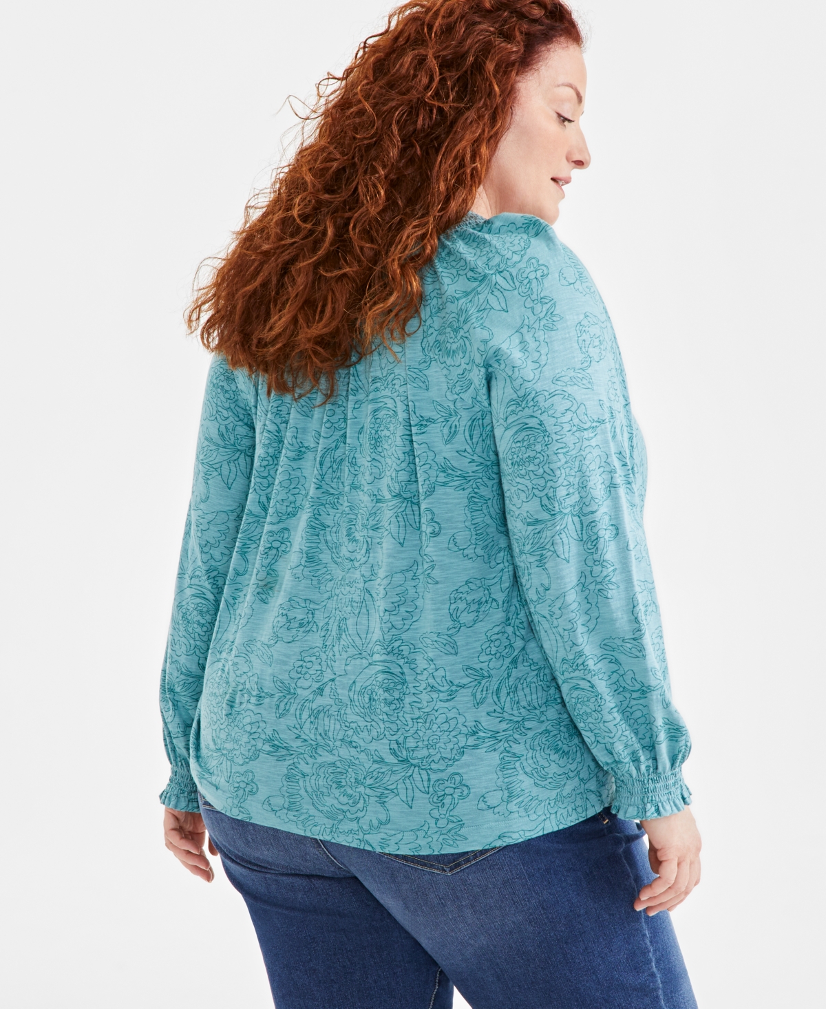 Style & Co Plus Size Floral-Print Smocked-Trim Top, Created for Macy's