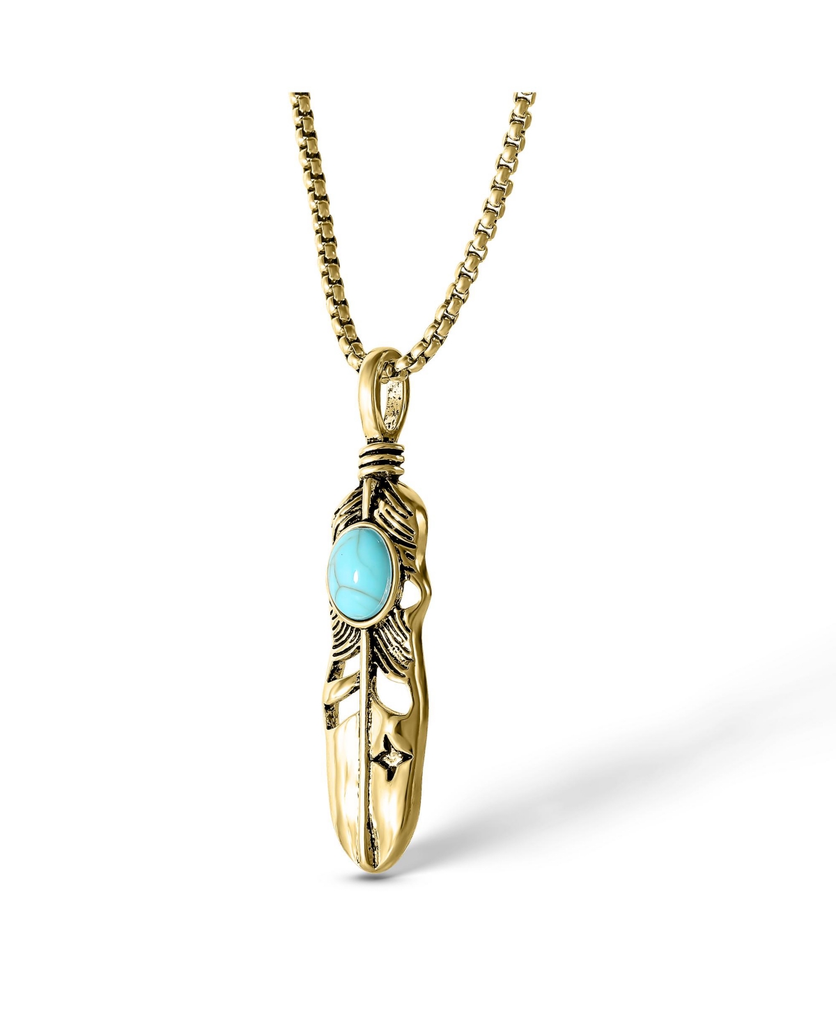 Women's Feather Necklace with Turquoise Stone in Gold - Gold