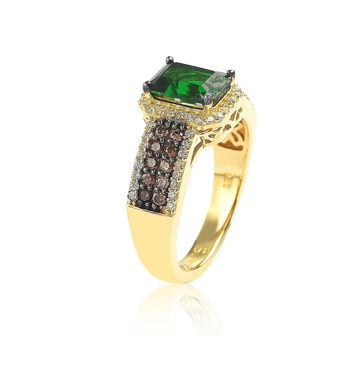 Suzy Levian New York Suzy Levian Golden Sterling Silver Emerald-Cut Green andCubic Zirconia Halo Ring - Brown