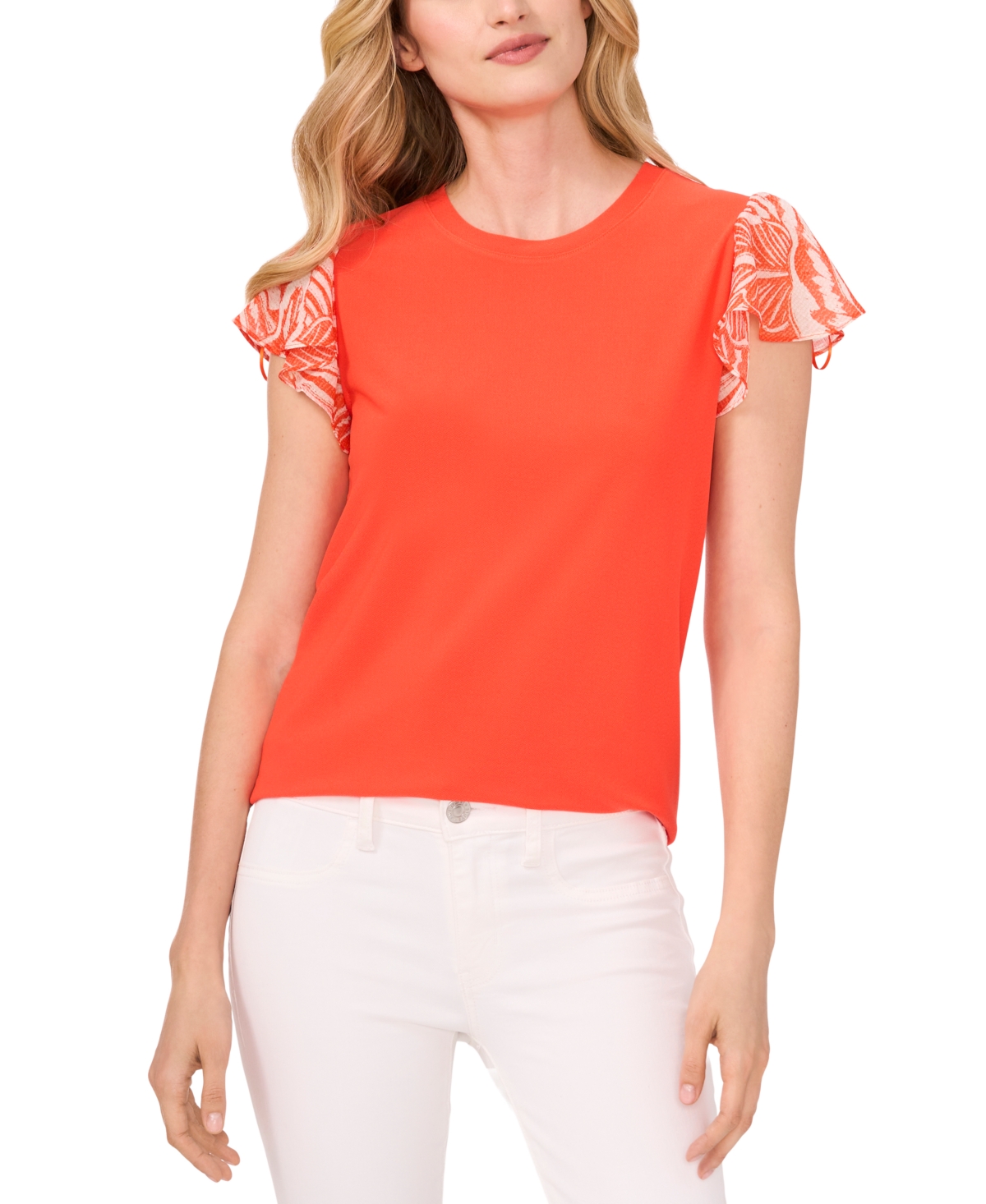 Cece Mixed Media Flutter Sleeve Knit Top In Tiger Lily