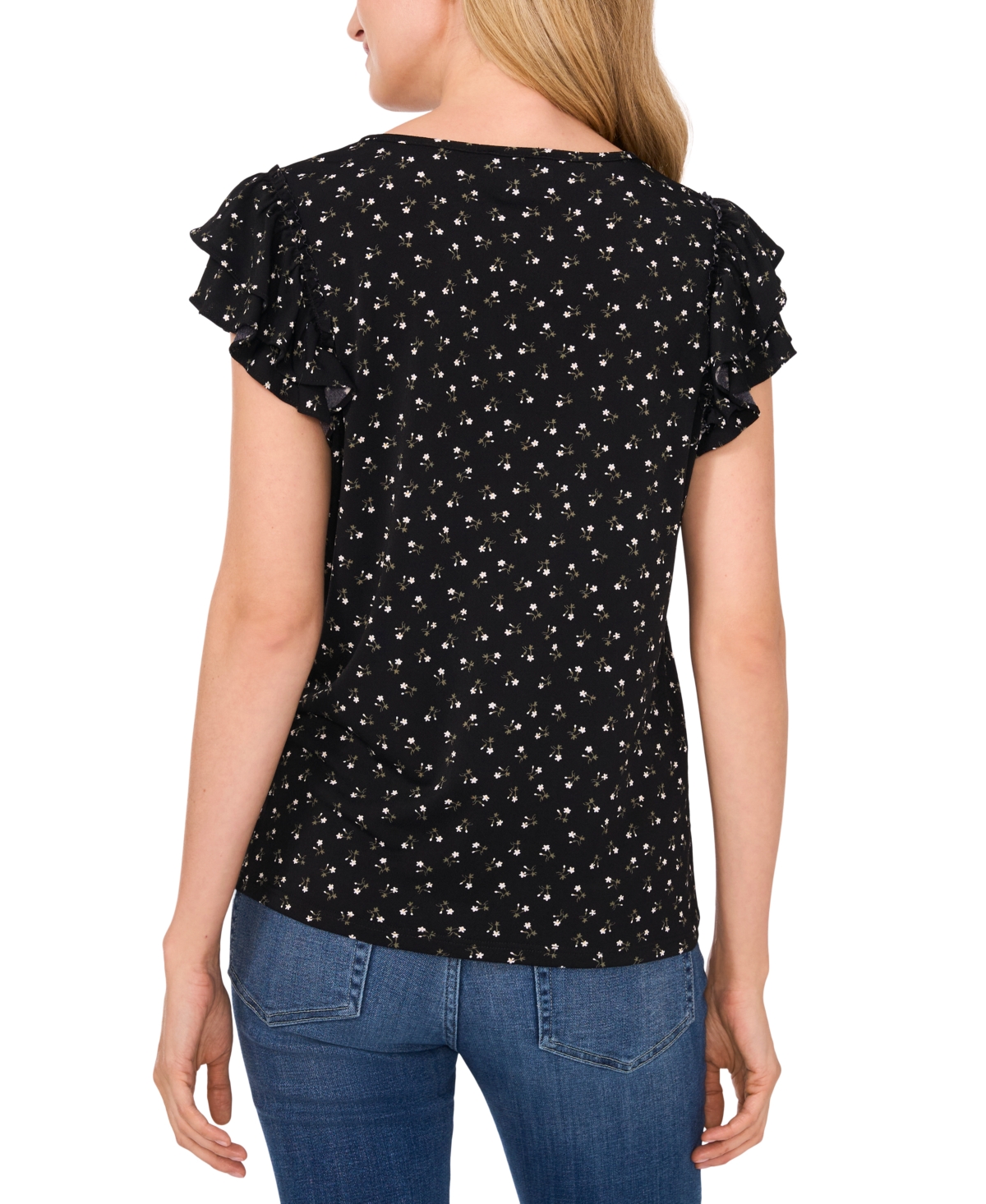 CeCe Women's Double Ruffle Floral-Print Knit Blouse