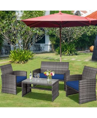 4 Pieces Patio Rattan Furniture Set with Glass Table and Loveseat