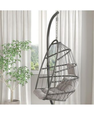Riley Foldable Woven Hanging Egg Chair With Removable Cushion And Stand For Indoor And Outdoor Use