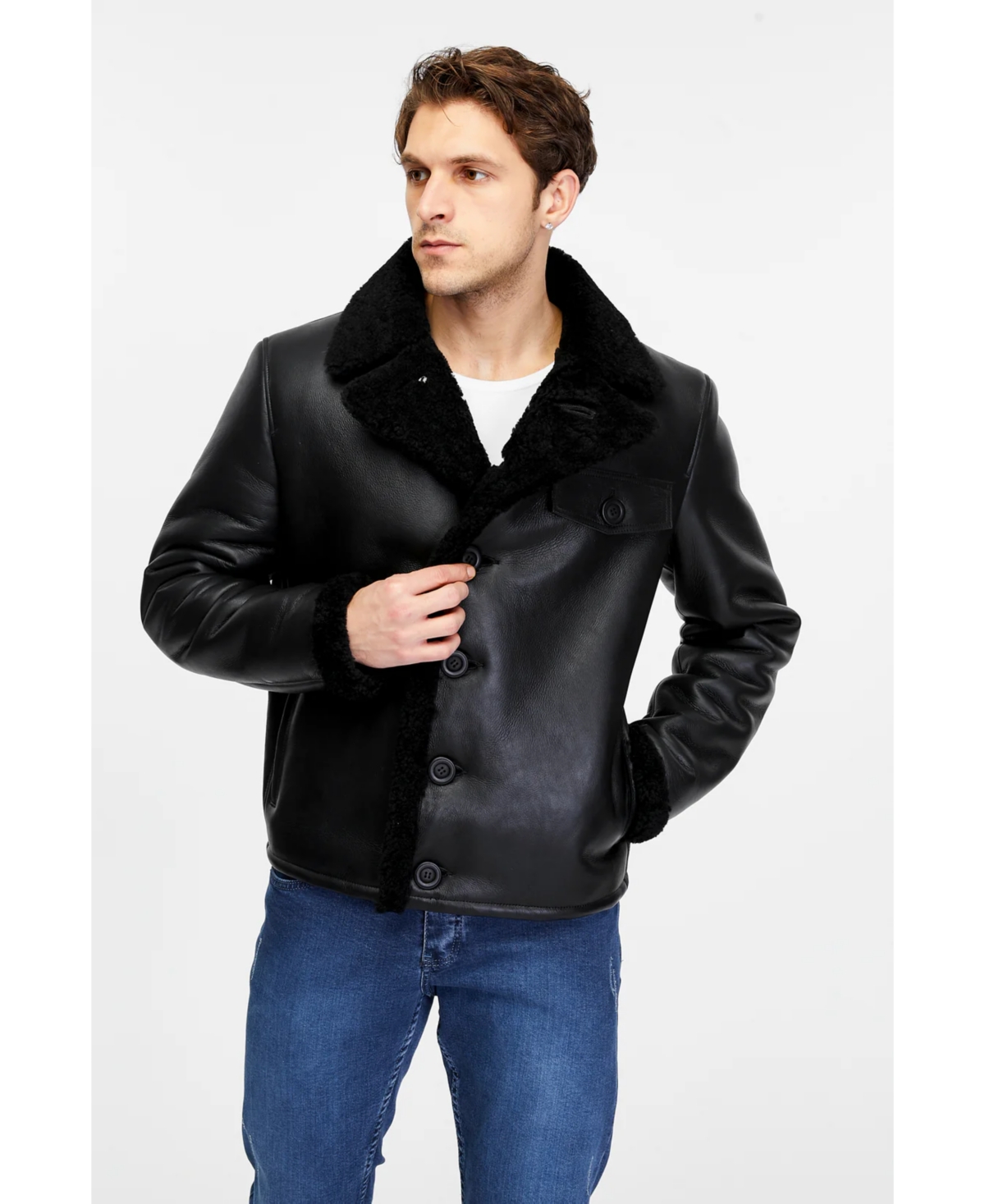 Furniq Uk Men's Leather Shearling Jacket