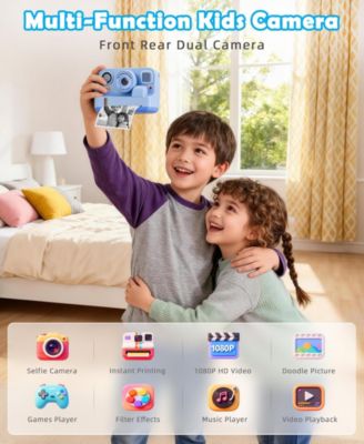 Kids Instant Print Camera 48MP with 16X Zoom, 1080P HD Video, Bluetooth, Dual Lens, 32GB Card & 4 Print Rolls