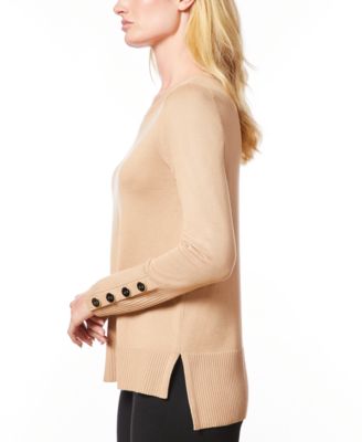 Women's Fine Gauge Boat-Neck Buttoned-Cuff Sweater