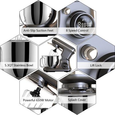 5.3 Qt Digital Display Stand Mixer 8 Speed with Egg Whisk, Dough Hook & Flat Beater