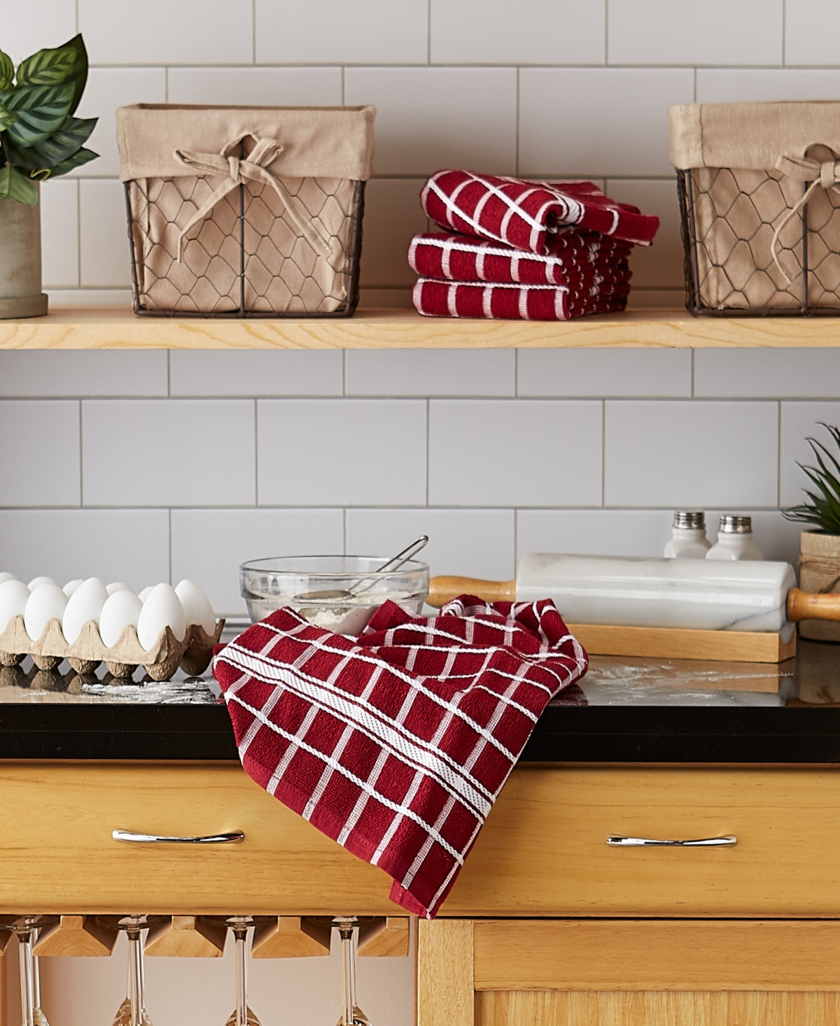 Design Imports Basic Terry Collection Windowpane Dishtowel Set, 16x26", Wine Check, 4 Piece In Wine Check