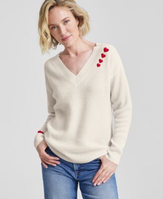 Charter Club Women's Cashmere Ribbed Heart-Embroidered V