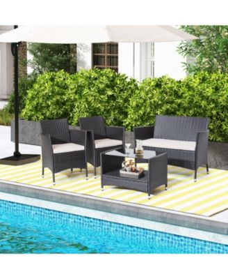 4 Pieces Patio Conversation Set with Soft Cushions and Tempered Glass Tabletop