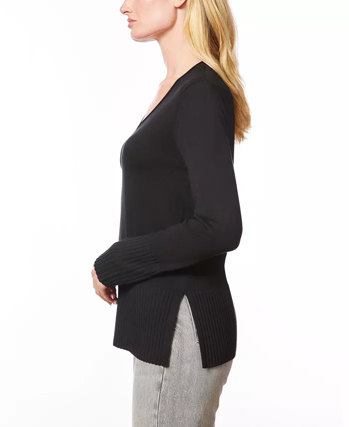 Women's V-Neck Wide-Hem Wide-Cuff Sweater - thumbnail 2