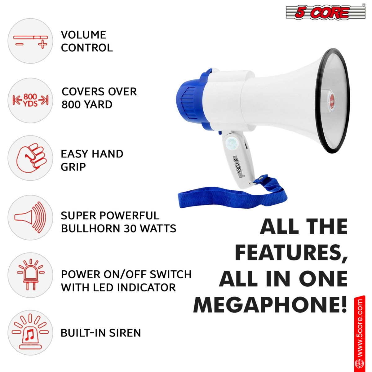 5 Core Megaphone Bullhorn Speaker 30W Mini Bull Horn Battery Power Cheer Megafono 800 Feet Range Loudspeaker 8R-usb WoB