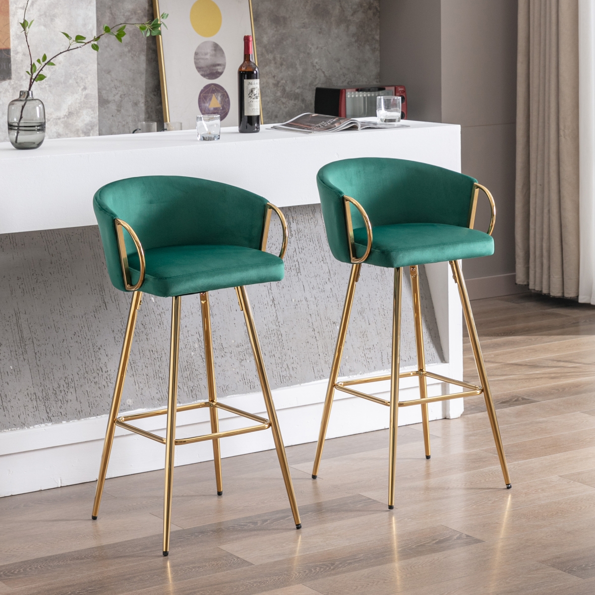 Streamdale Furniture 2 Green Velvet Bar Stools with Chrome and Golden Accents