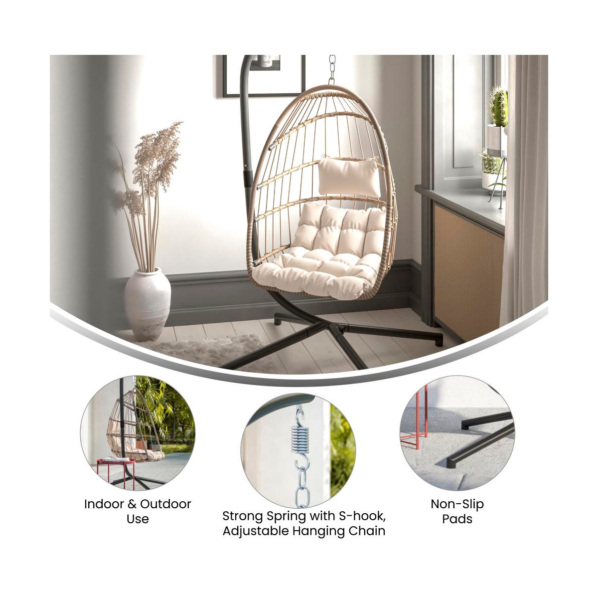 Merrick Lane Riley Foldable Woven Hanging Egg Chair With Removable Cushion And Stand For Indoor And Outdoor Use