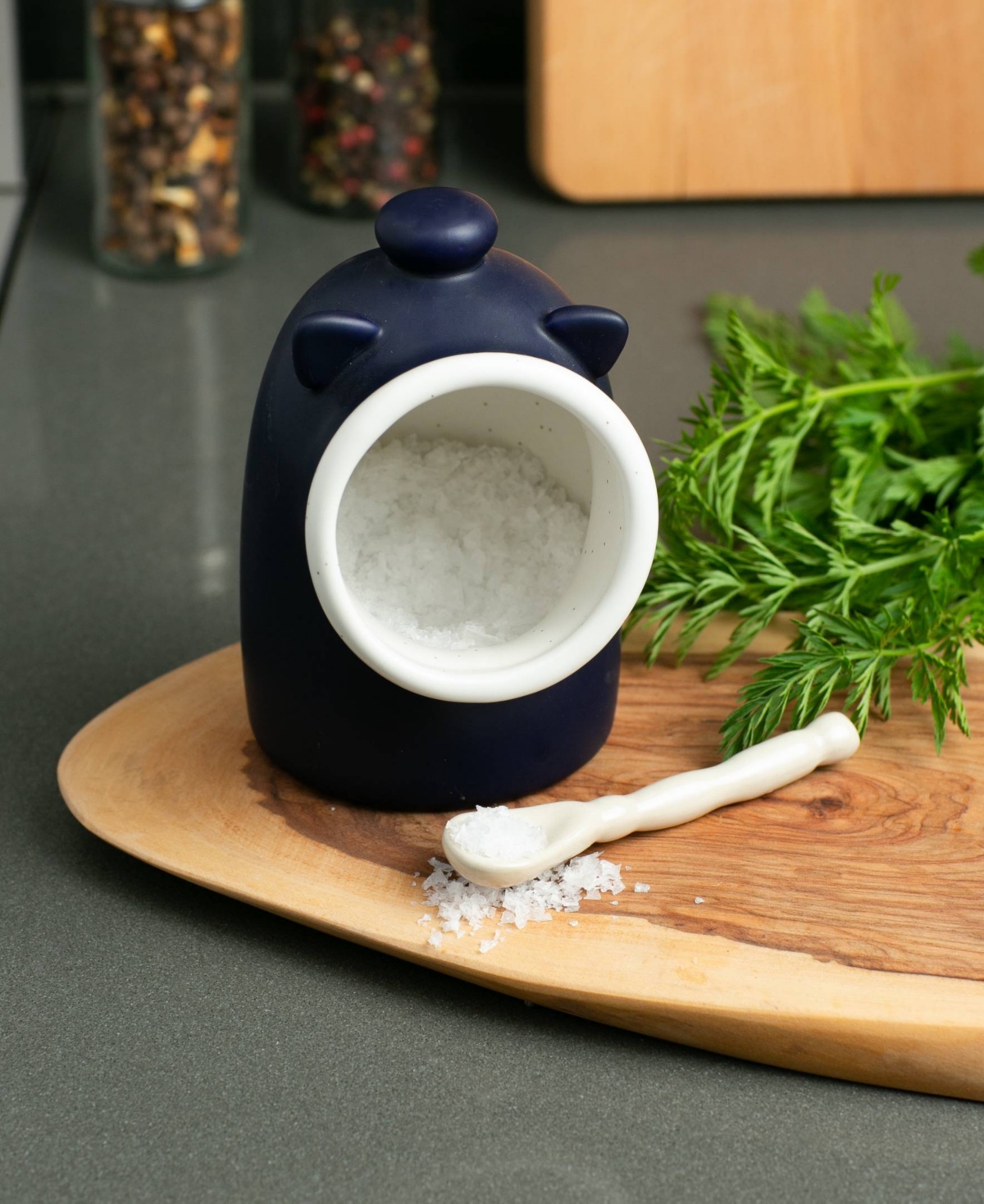 RSVP INTERNATIONAL STONEWARE 2 PIECE 6 OUNCE MATTE BLUE SALT PIG AND SPOON SET 