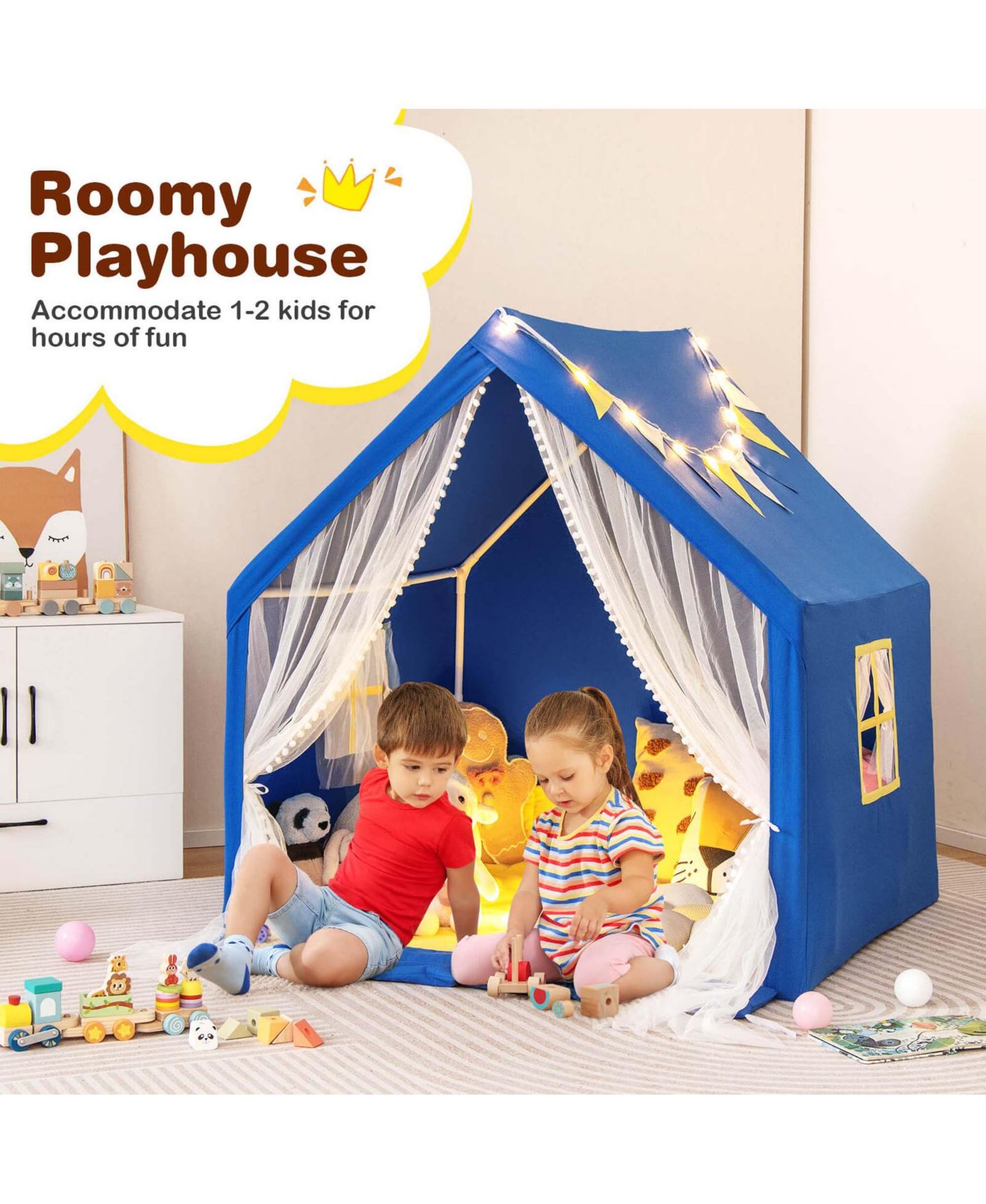 Детская игрушка Costway Large Star Light Play Tent with Washable Cotton Mat, Ages 2+, цвет: Синий — фото 5