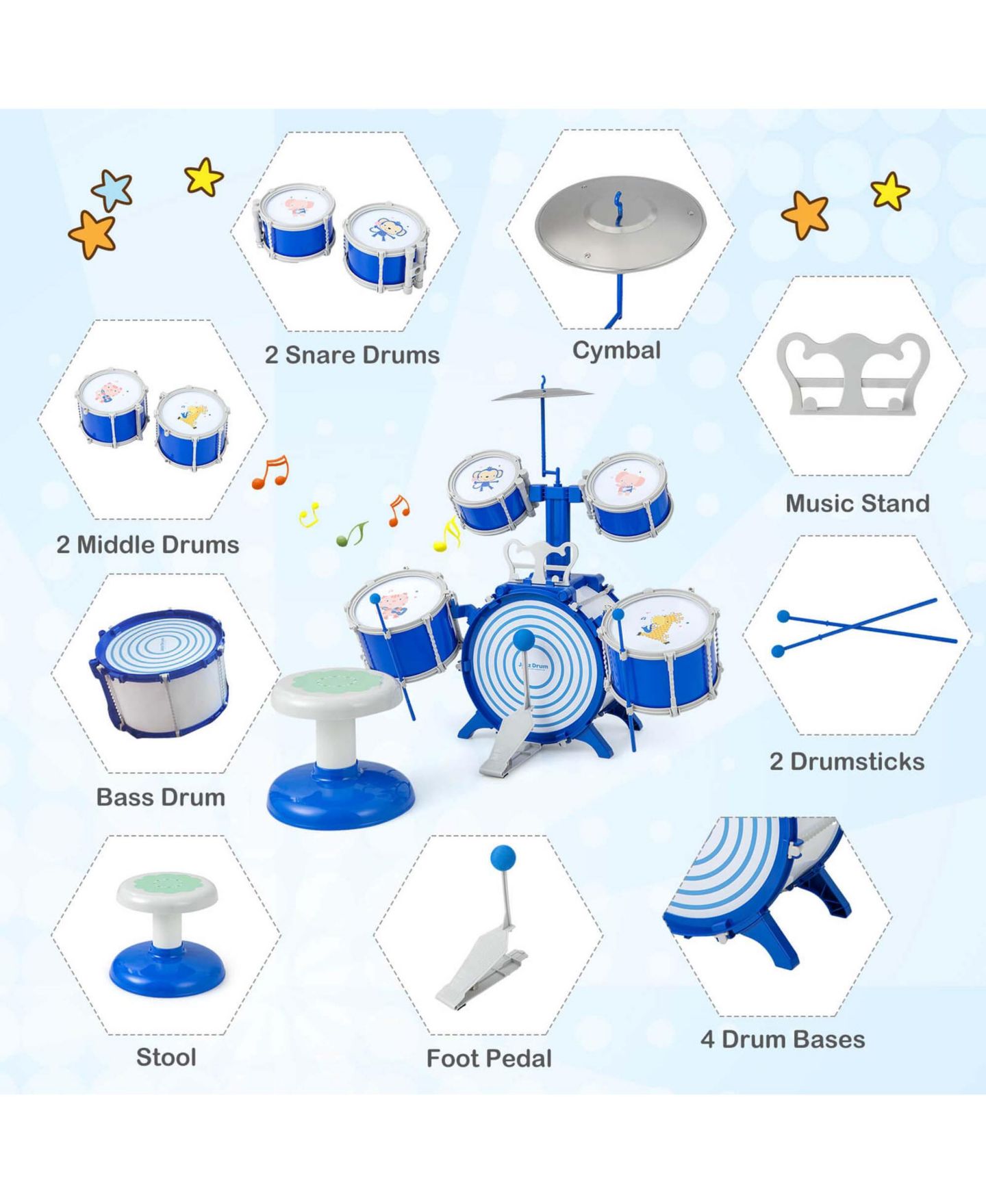 Детские игрушки Costway Kids Percussion 5-Piece Drum Set, Ages 3+, цвет: Синий — фото 4