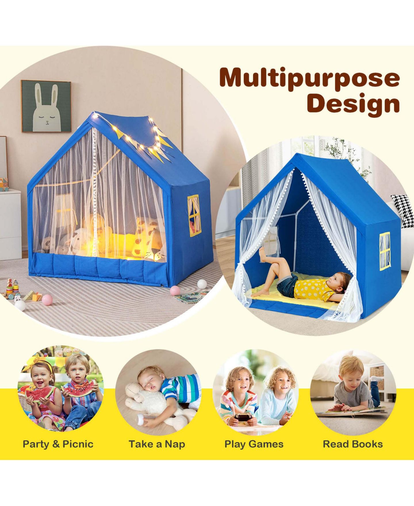 Детская игрушка Costway Large Star Light Play Tent with Washable Cotton Mat, Ages 2+, цвет: Синий — фото 10
