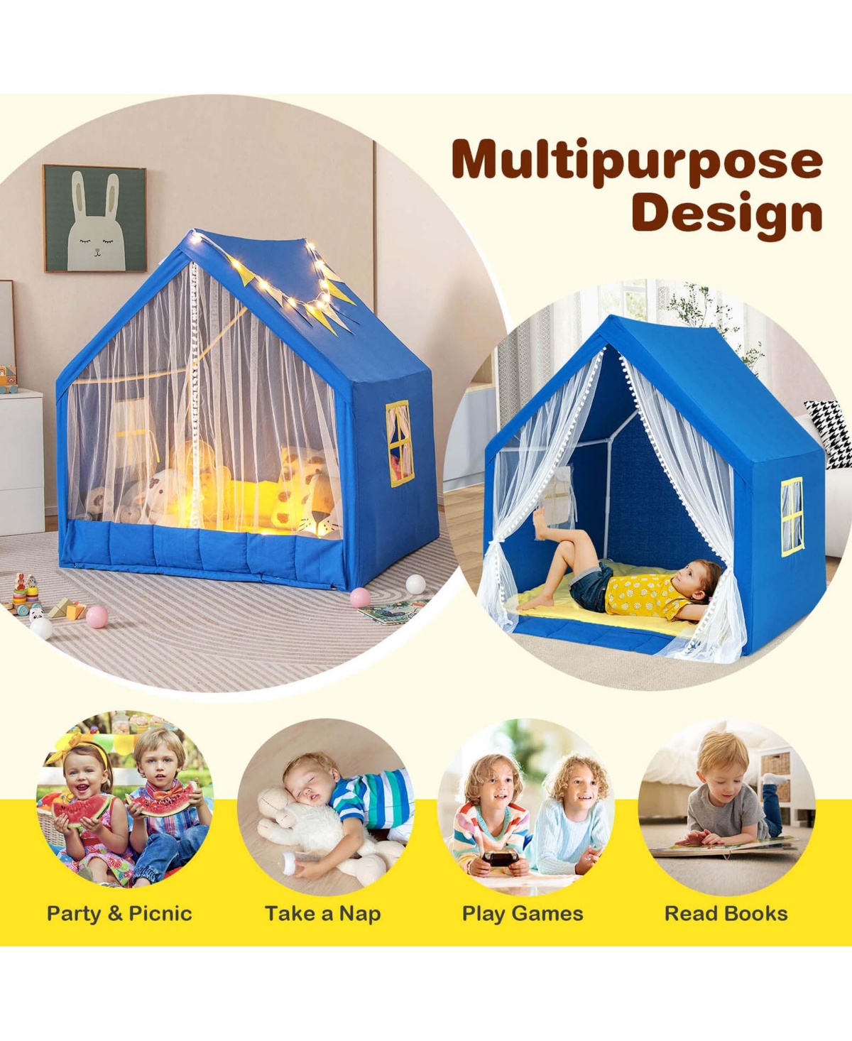 Costway Play Tent Kids & Toddlers Playhouse with Washable Cotton Mat, Star Lights