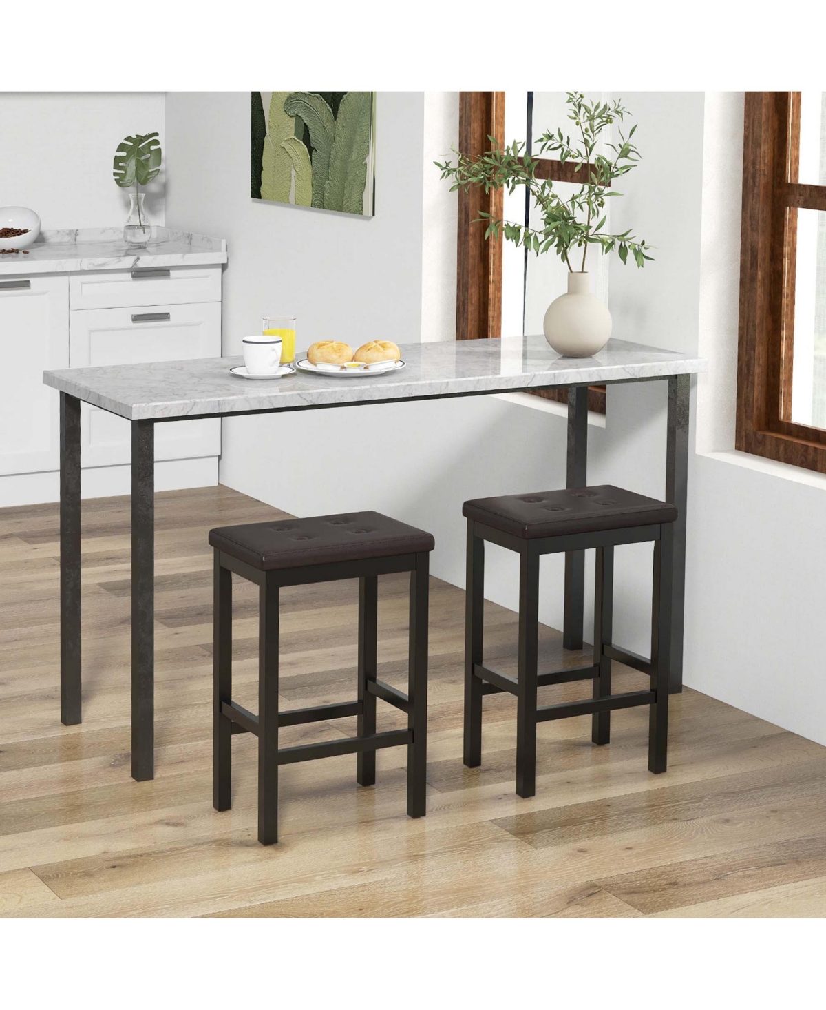 Costway Set of 2 Rubber Wood Bar Stools Counter Height Stool with Padded Seat